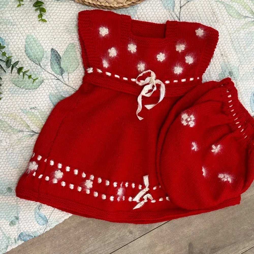 Red Knitted Baby Dress with White Accents